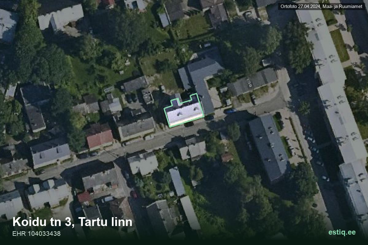 Koidu tänav 3, Tartu – ilmakuva rakennuksesta, ääriviiva rakennusrekisteristä (EHR)