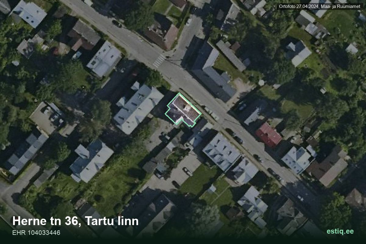 Herne tänav 36, Tartu – аэрофото дома, контур по данным регистра строений (EHR)