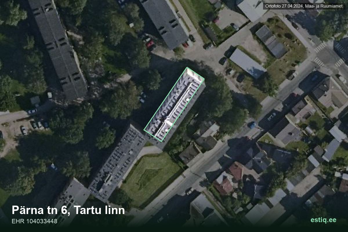 Pärna tänav 6, Tartu – аэрофото дома, контур по данным регистра строений (EHR)