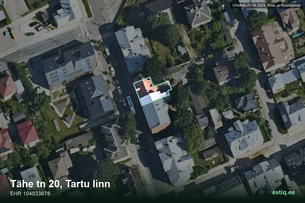 Tähe tänav 20, Tartu – аэрофото дома, контур по данным регистра строений (EHR)