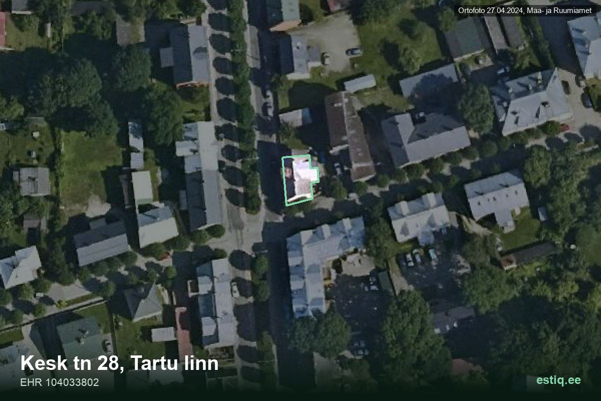 Kesk tänav 28, Tartu – aerial photo of the building, outline from the Building Register (EHR)