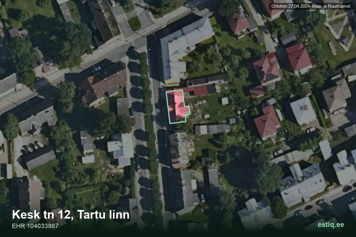 Kesk tänav 12, Tartu – hoone aerofoto, kontuur ehitisregistri (EHR) andmetest