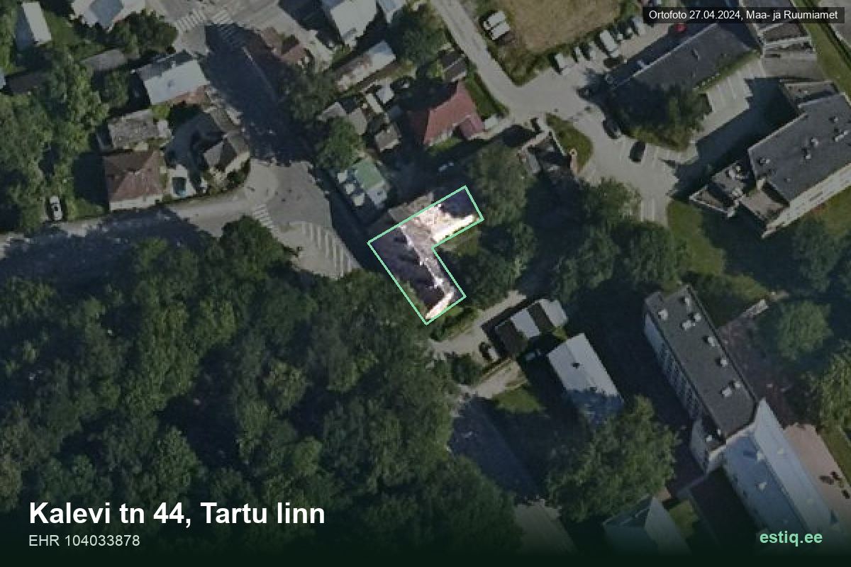 Kalevi tänav 44, Tartu – hoone aerofoto, kontuur ehitisregistri (EHR) andmetest