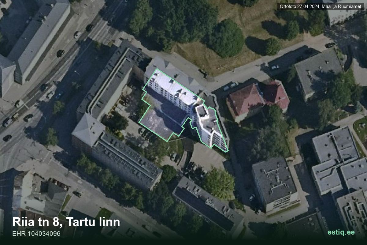 Riia tänav 8, Tartu – hoone aerofoto, kontuur ehitisregistri (EHR) andmetest