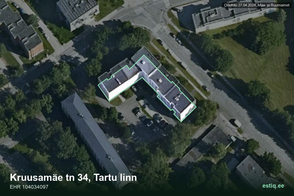 Kruusamäe tänav 34, Tartu – ilmakuva rakennuksesta, ääriviiva rakennusrekisteristä (EHR)