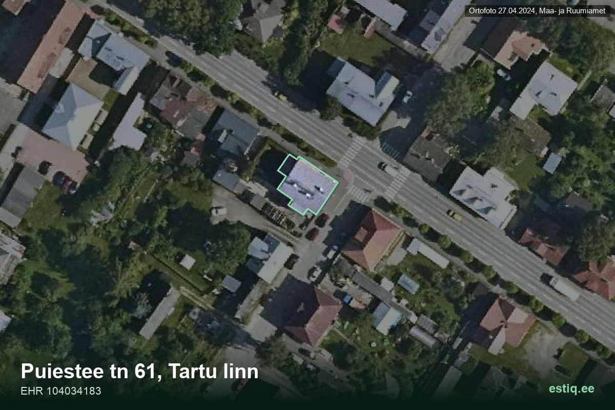 Puiestee tänav 61, Tartu – аэрофото дома, контур по данным регистра строений (EHR)