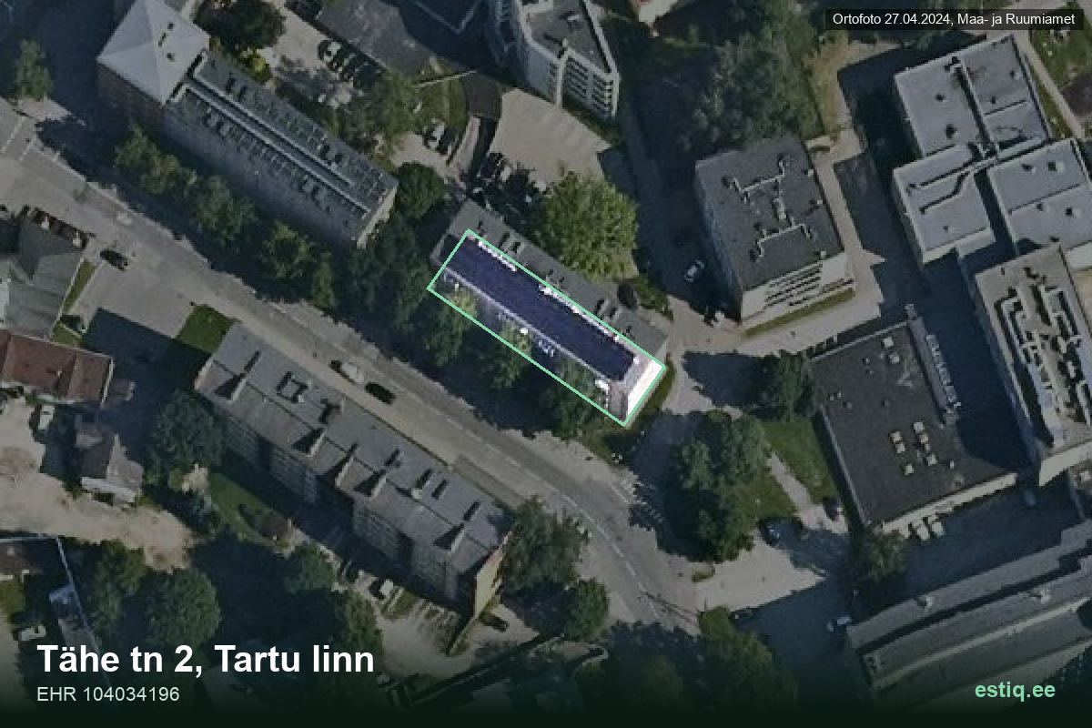 Tähe tänav 2, Tartu – hoone aerofoto, kontuur ehitisregistri (EHR) andmetest