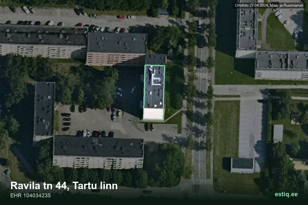 Ravila tänav 44, Tartu – hoone aerofoto, kontuur ehitisregistri (EHR) andmetest