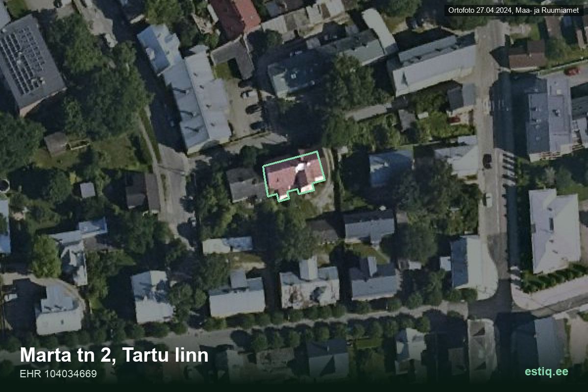 Marta tänav 2, Tartu – hoone aerofoto, kontuur ehitisregistri (EHR) andmetest