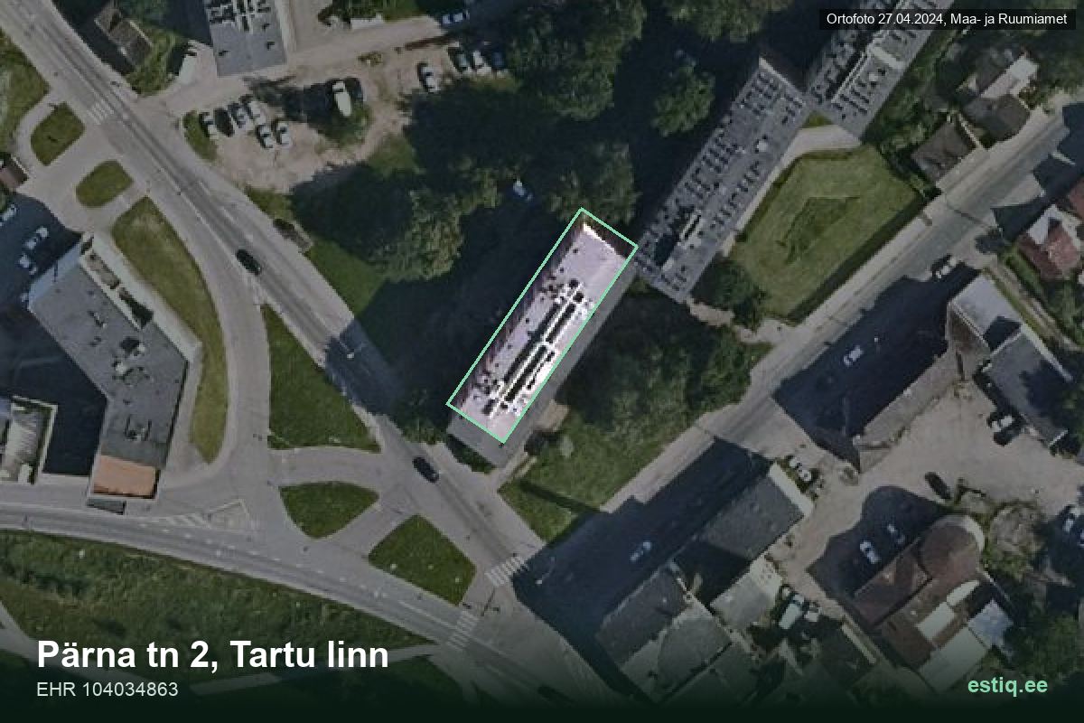 Pärna tänav 2, Tartu – hoone aerofoto, kontuur ehitisregistri (EHR) andmetest