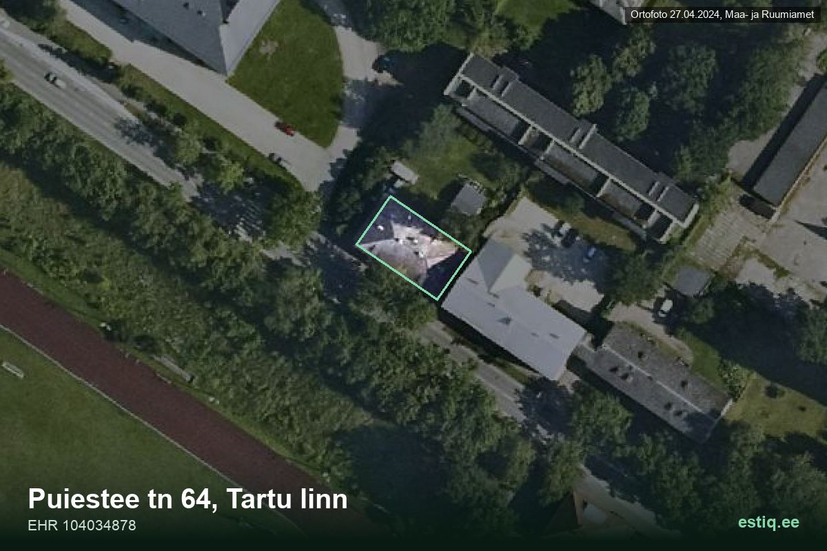Puiestee tänav 64, Tartu – аэрофото дома, контур по данным регистра строений (EHR)