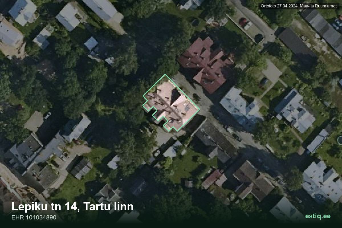 Lepiku tänav 14, Tartu – аэрофото дома, контур по данным регистра строений (EHR)
