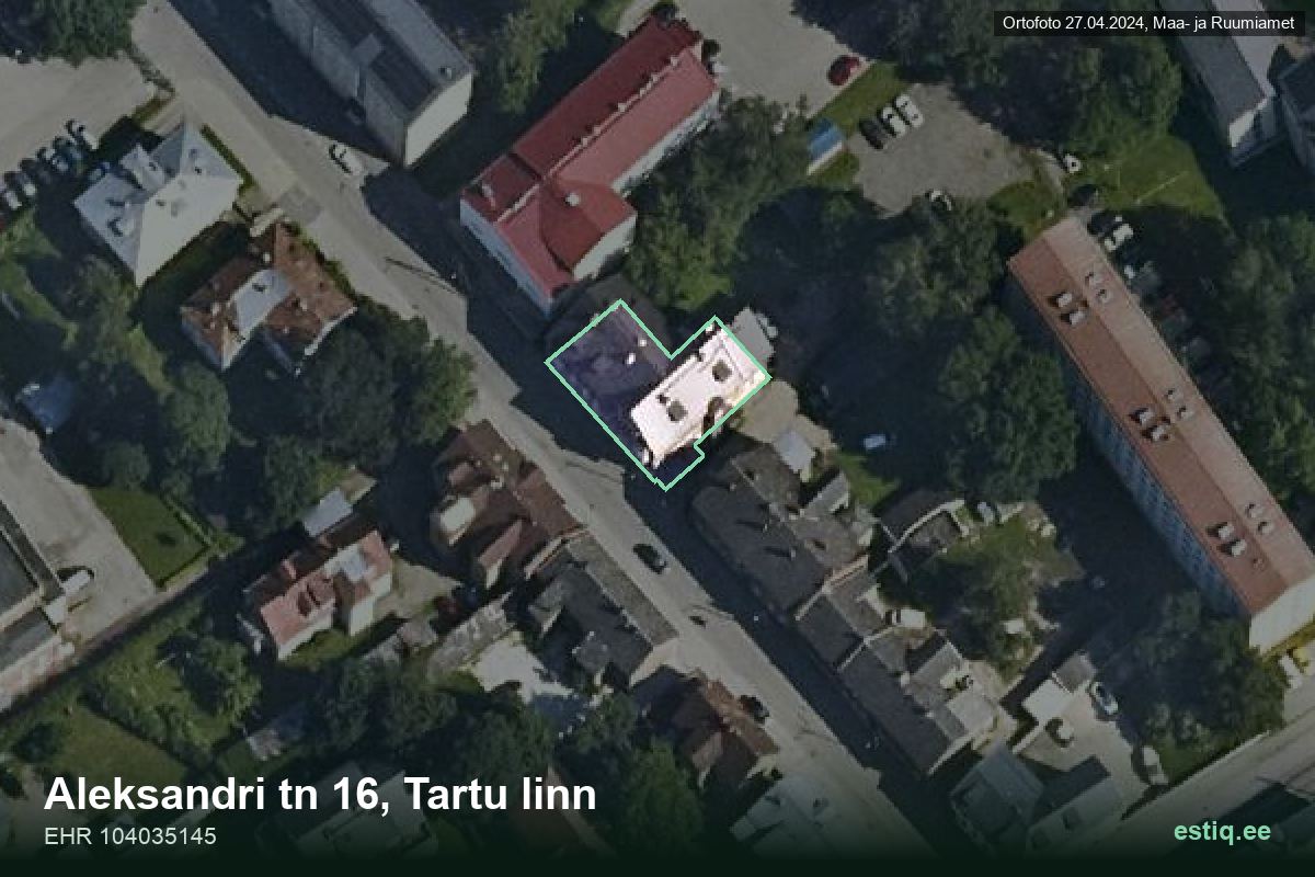 Aleksandri tänav 16, Tartu – ilmakuva rakennuksesta, ääriviiva rakennusrekisteristä (EHR)