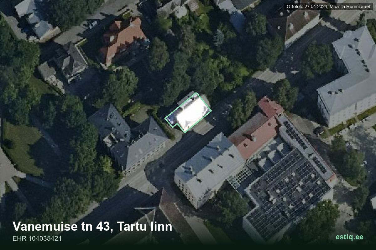 Vanemuise tänav 43, Tartu – aerial photo of the building, outline from the Building Register (EHR)
