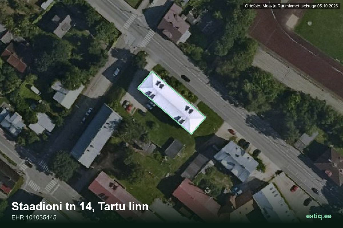 Staadioni tänav 14, Tartu – hoone aerofoto, kontuur ehitisregistri (EHR) andmetest