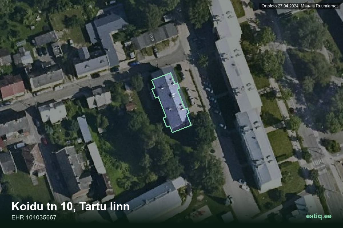 Koidu tänav 10, Tartu – ilmakuva rakennuksesta, ääriviiva rakennusrekisteristä (EHR)
