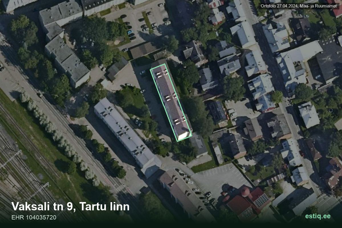 Vaksali tänav 9, Tartu – hoone aerofoto, kontuur ehitisregistri (EHR) andmetest