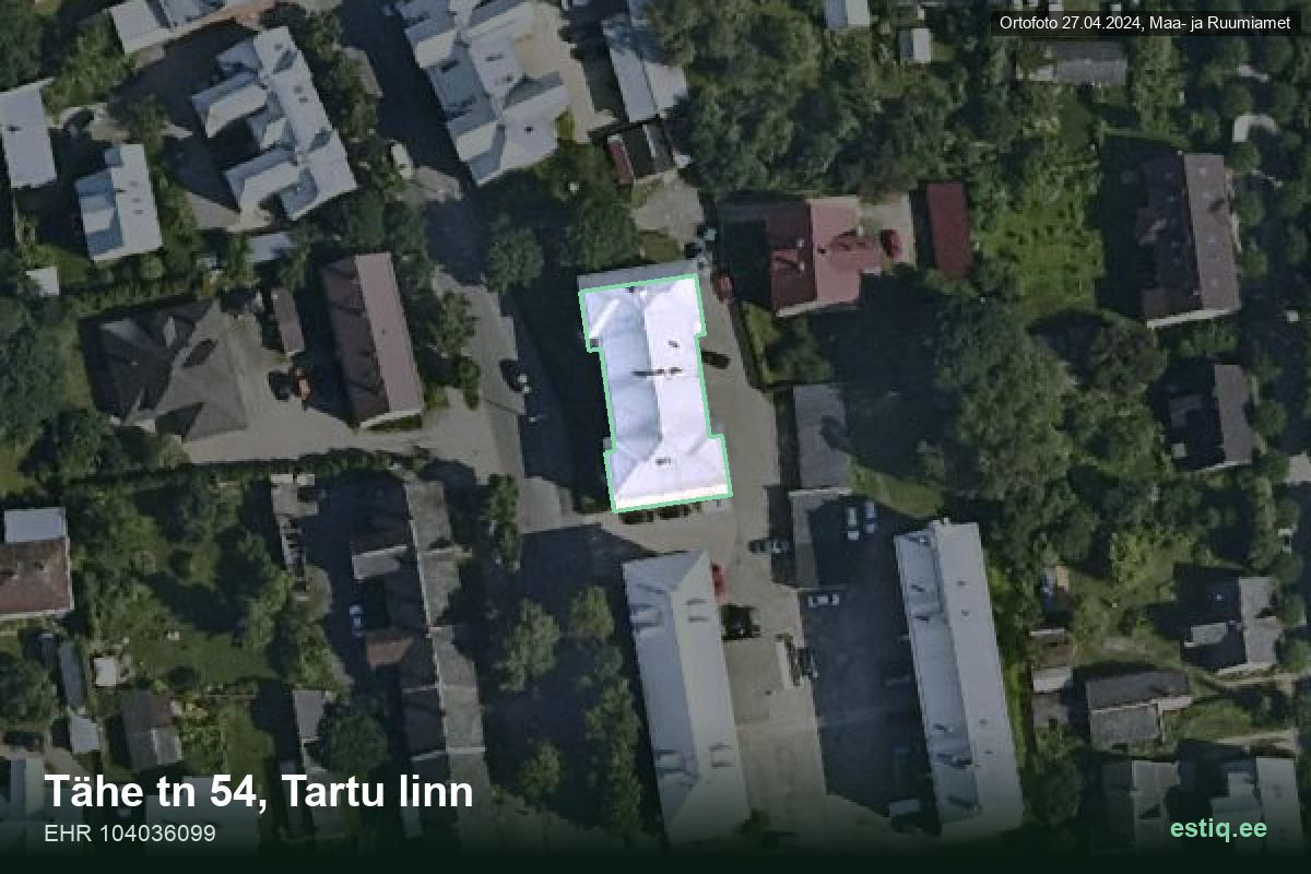 Tähe tänav 54, Tartu – hoone aerofoto, kontuur ehitisregistri (EHR) andmetest