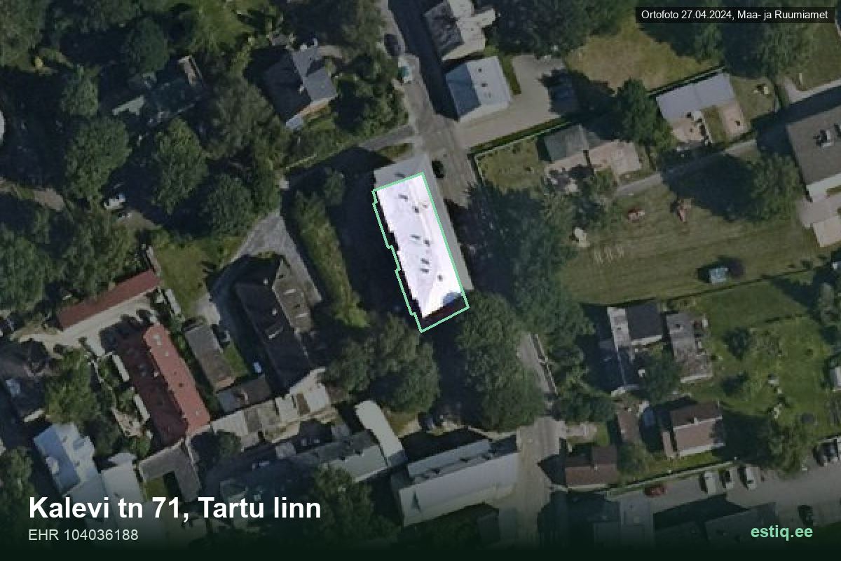 Kalevi tänav 71, Tartu – hoone aerofoto, kontuur ehitisregistri (EHR) andmetest