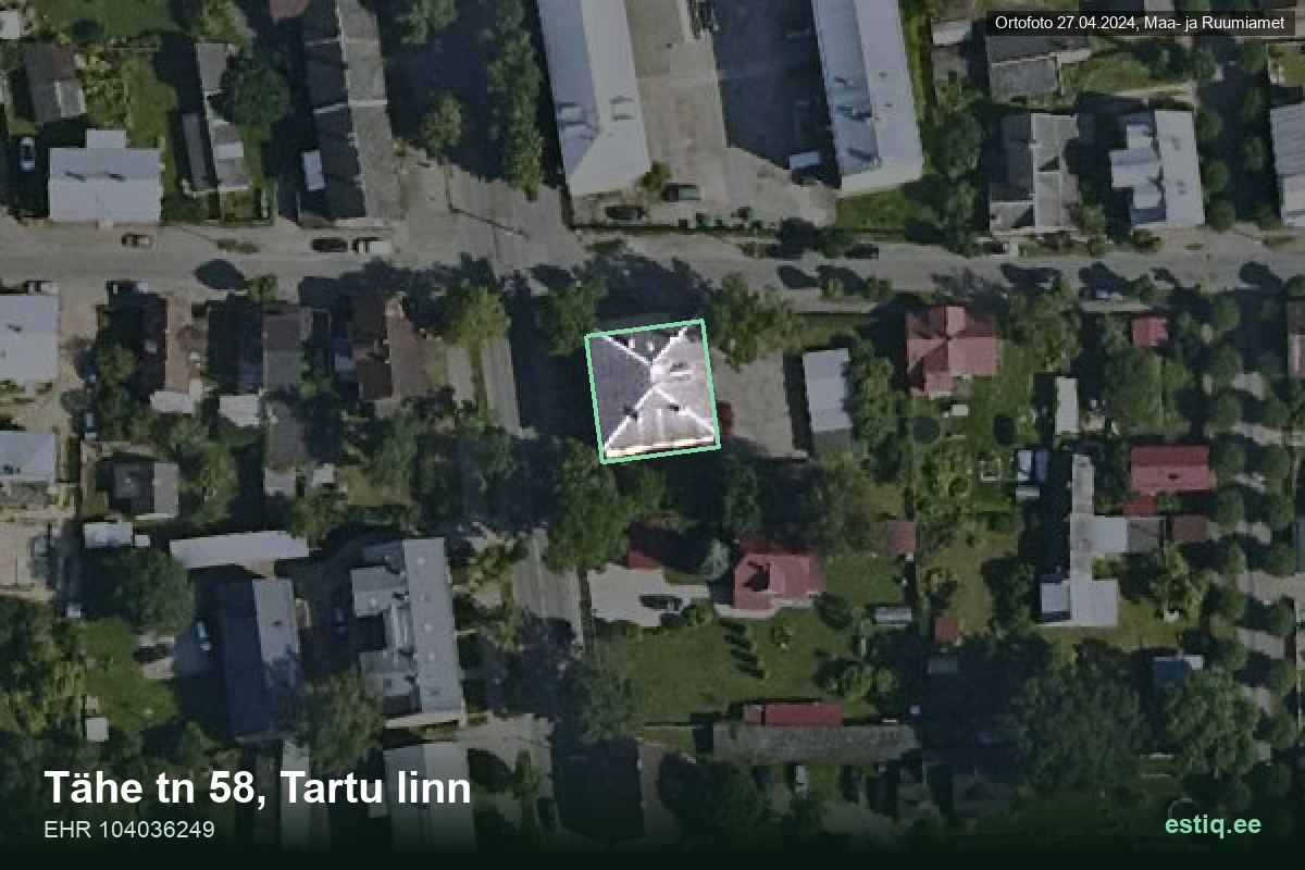 Tähe tänav 58, Tartu – hoone aerofoto, kontuur ehitisregistri (EHR) andmetest