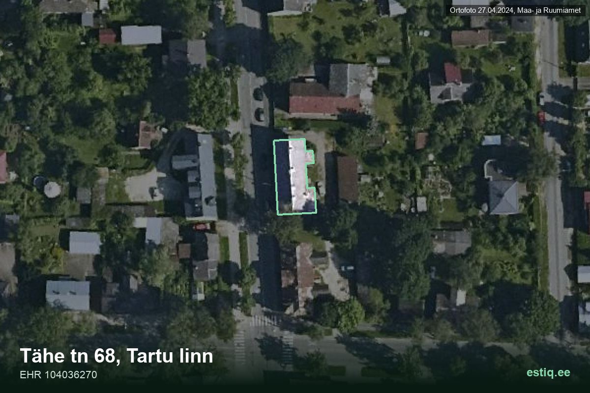 Tähe tänav 68, Tartu – hoone aerofoto, kontuur ehitisregistri (EHR) andmetest