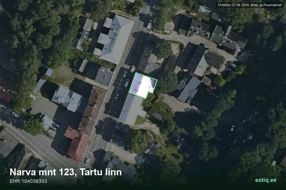 Narva mnt 123, Tartu – аэрофото дома, контур по данным регистра строений (EHR)