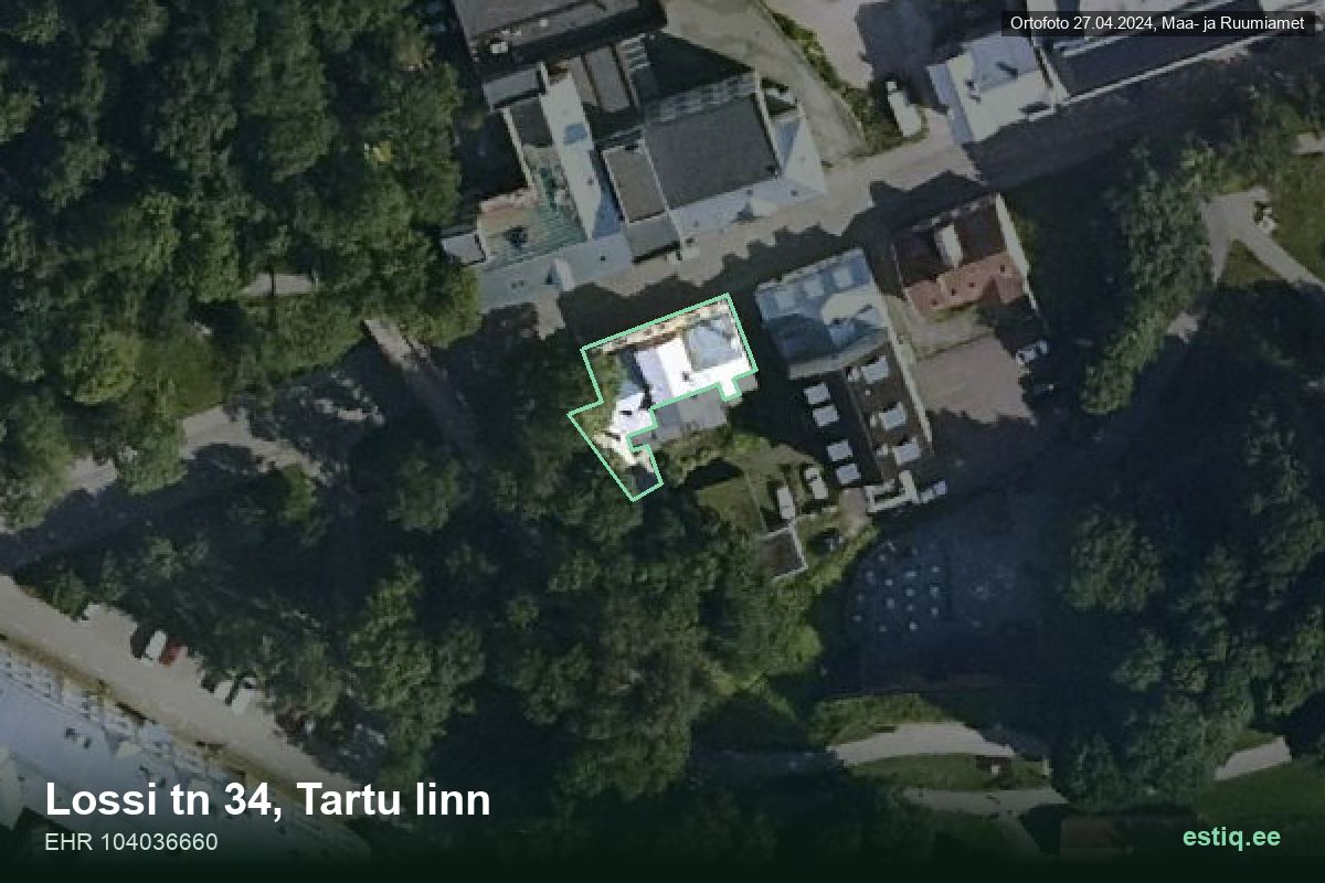 Lossi tänav 34, Tartu – аэрофото дома, контур по данным регистра строений (EHR)