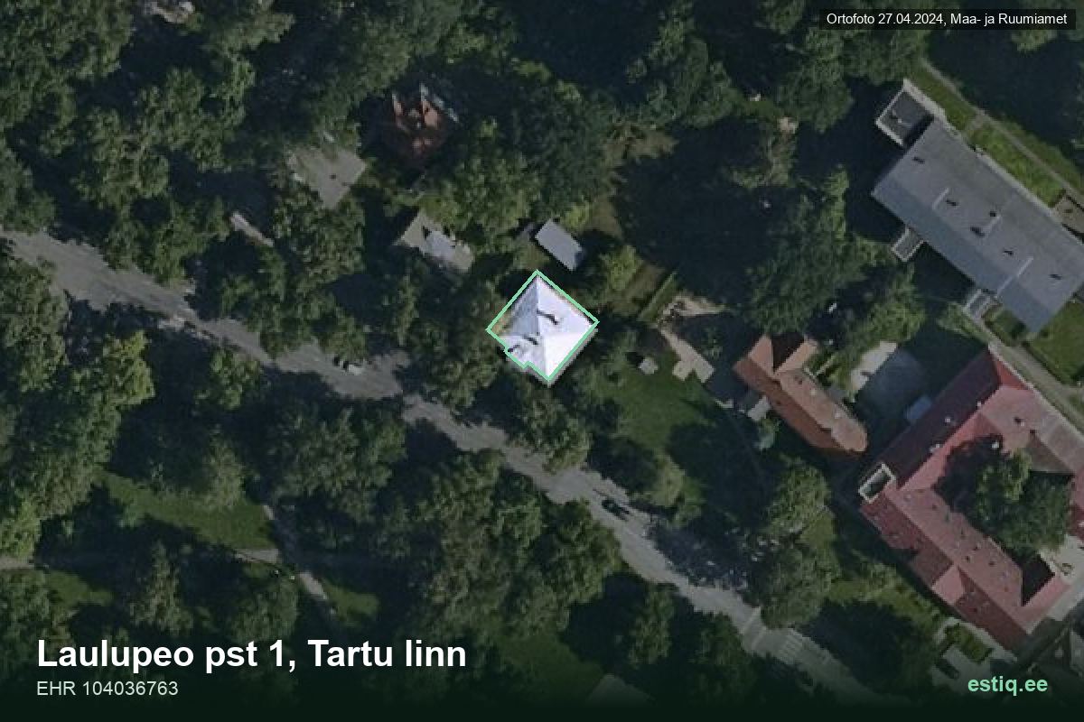 Laulupeo pst 1, Tartu – аэрофото дома, контур по данным регистра строений (EHR)