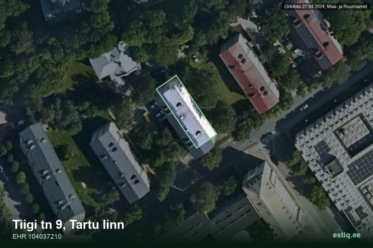 Tiigi tänav 9, Tartu – hoone aerofoto, kontuur ehitisregistri (EHR) andmetest