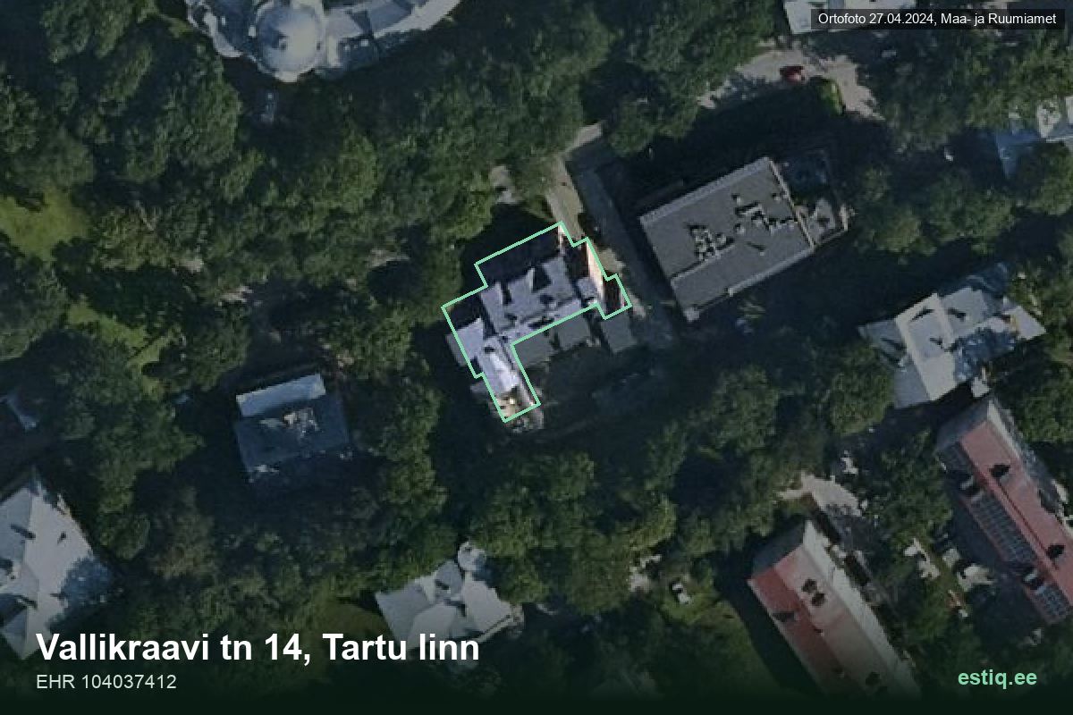Vallikraavi tänav 14, Tartu – ilmakuva rakennuksesta, ääriviiva rakennusrekisteristä (EHR)
