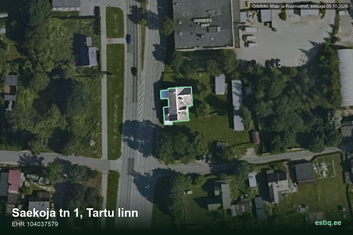 Saekoja tänav 1, Tartu – ilmakuva rakennuksesta, ääriviiva rakennusrekisteristä (EHR)