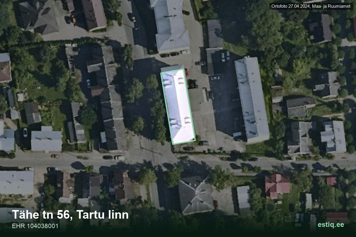 Tähe tänav 56, Tartu – hoone aerofoto, kontuur ehitisregistri (EHR) andmetest