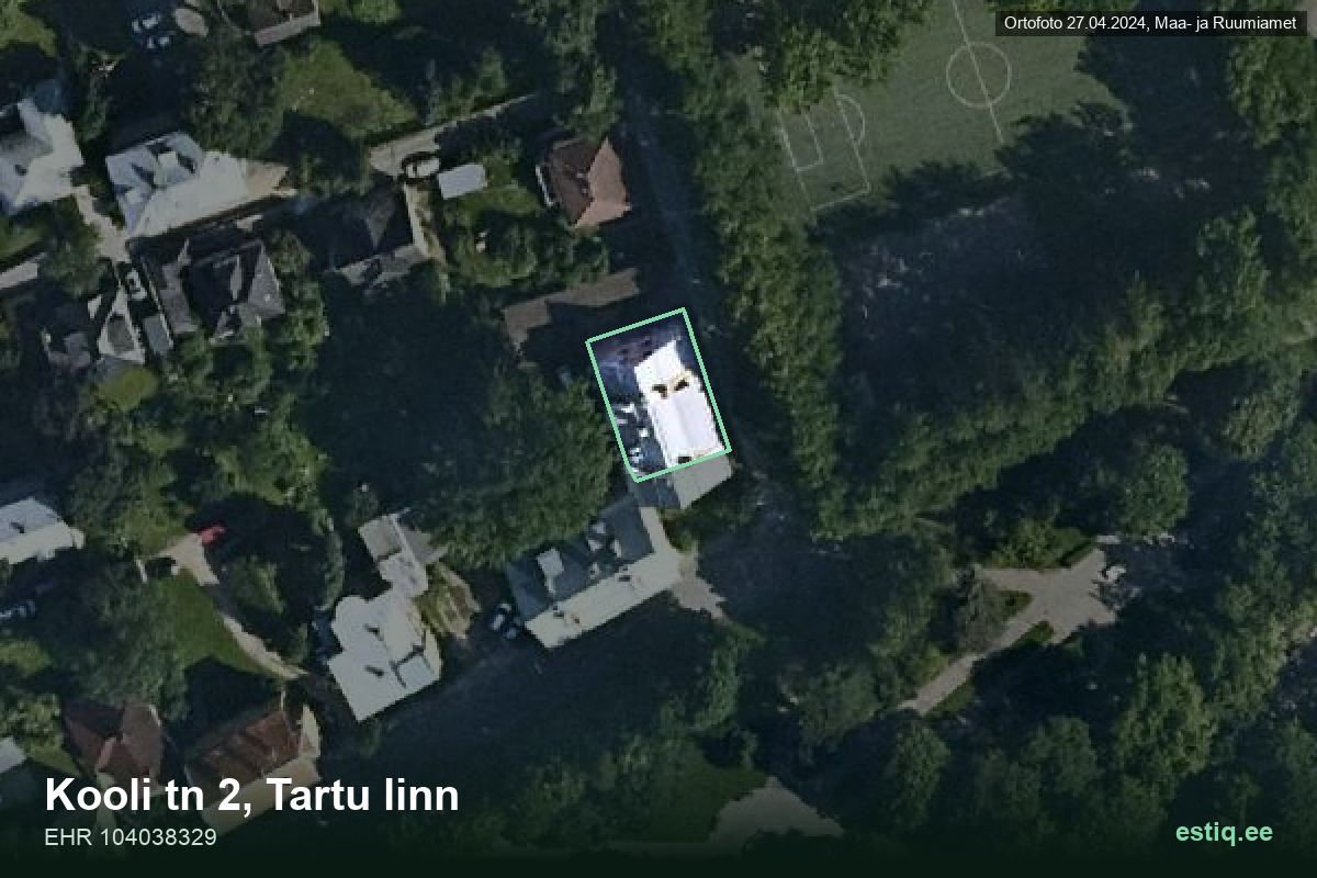 Kooli tänav 2, Tartu – аэрофото дома, контур по данным регистра строений (EHR)