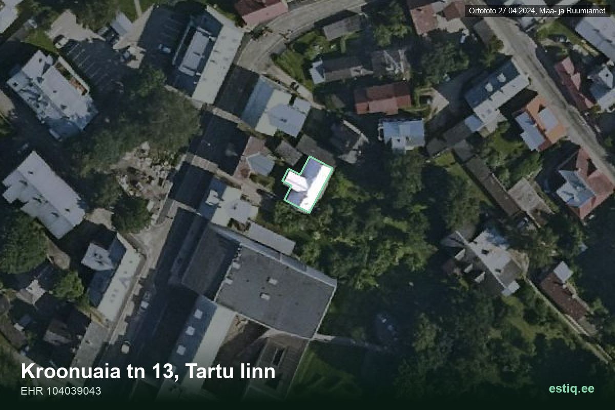 Kroonuaia tänav 13, Tartu – hoone aerofoto, kontuur ehitisregistri (EHR) andmetest
