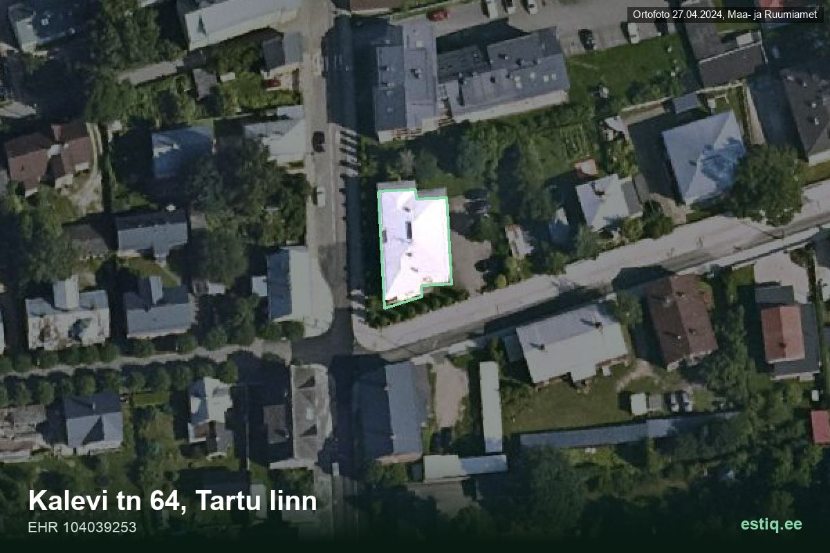 Kalevi tänav 64, Tartu – hoone aerofoto, kontuur ehitisregistri (EHR) andmetest