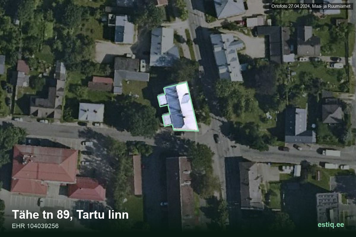 Tähe tänav 89, Tartu – hoone aerofoto, kontuur ehitisregistri (EHR) andmetest