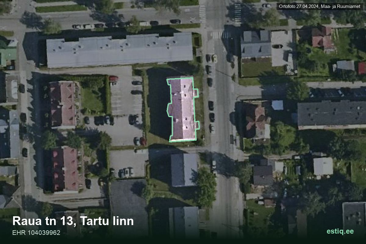 Raua tänav 13, Tartu – hoone aerofoto, kontuur ehitisregistri (EHR) andmetest