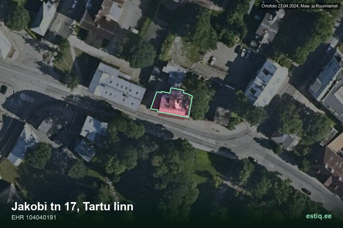 Jakobi tänav 17, Tartu – ilmakuva rakennuksesta, ääriviiva rakennusrekisteristä (EHR)