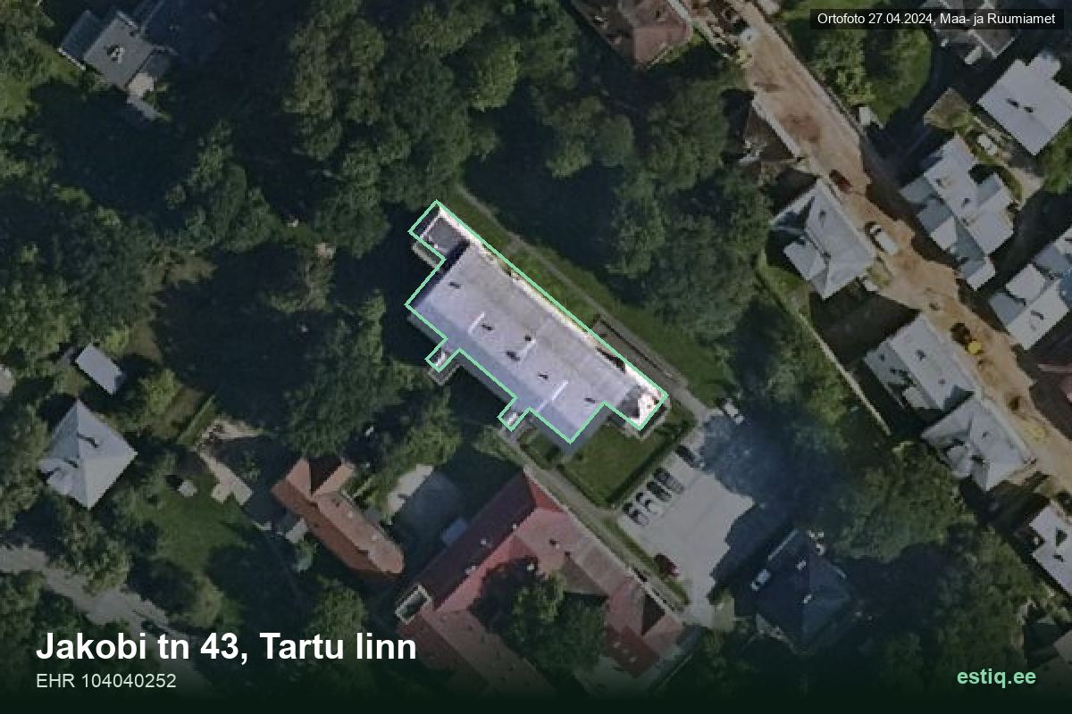 Jakobi tänav 43, Tartu – hoone aerofoto, kontuur ehitisregistri (EHR) andmetest