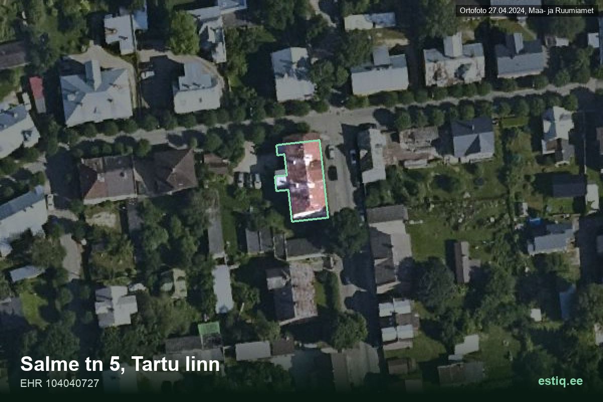 Salme tänav 5, Tartu – аэрофото дома, контур по данным регистра строений (EHR)