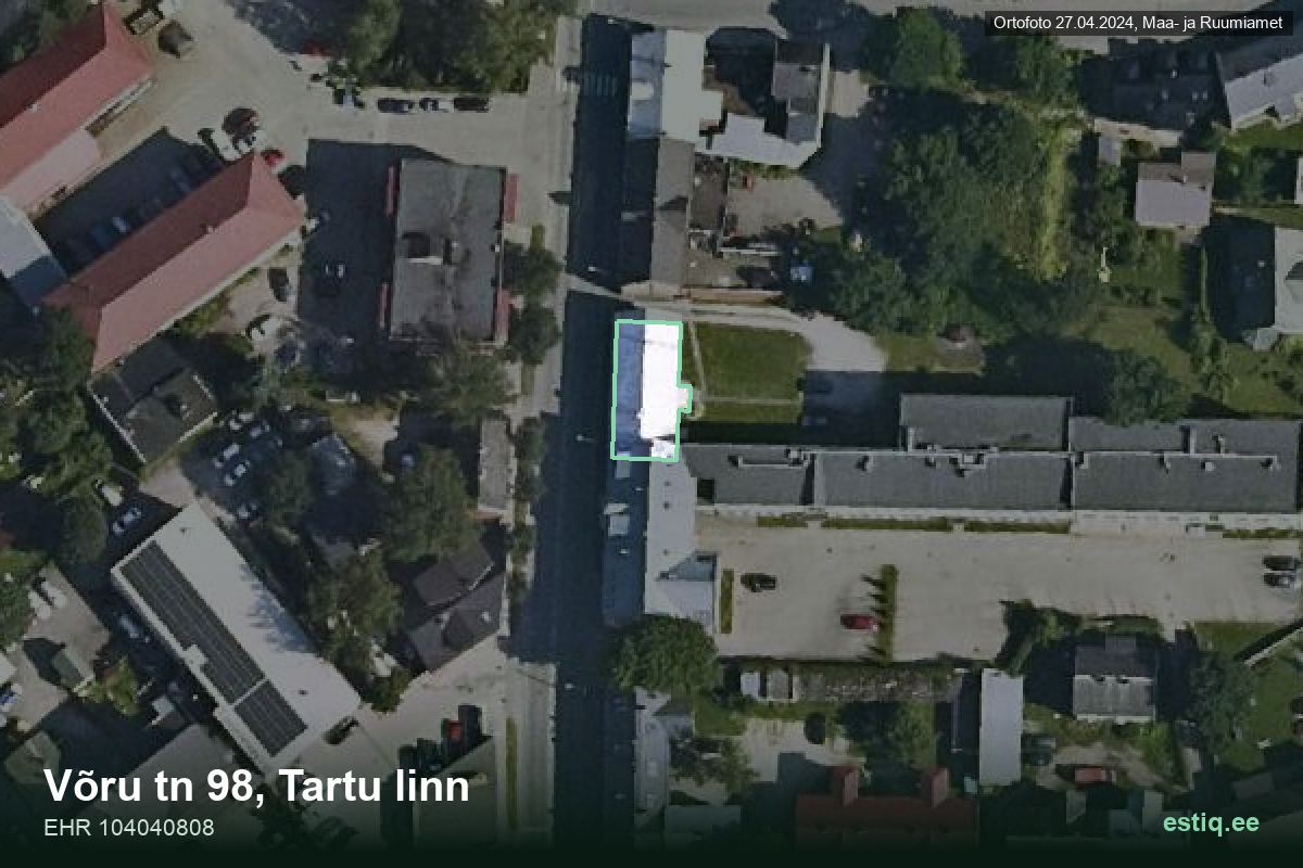 Võru tänav 98, Tartu – аэрофото дома, контур по данным регистра строений (EHR)