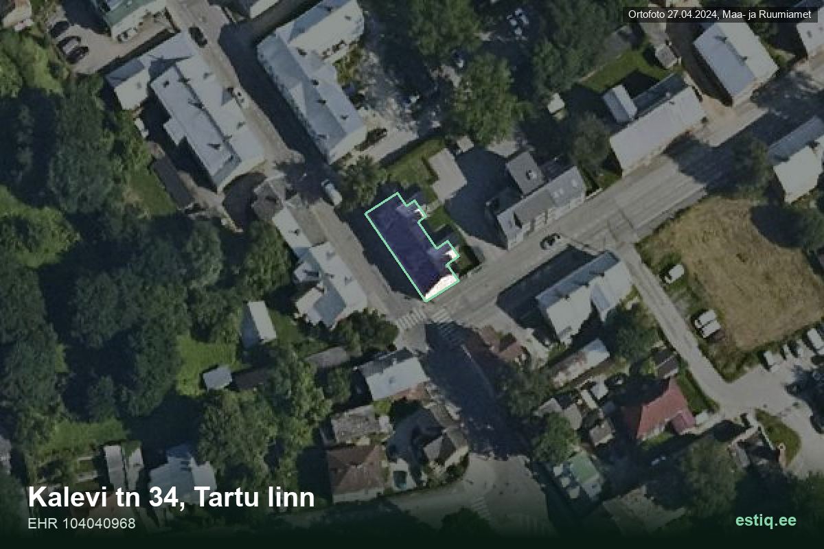 Kalevi tänav 34, Tartu – hoone aerofoto, kontuur ehitisregistri (EHR) andmetest