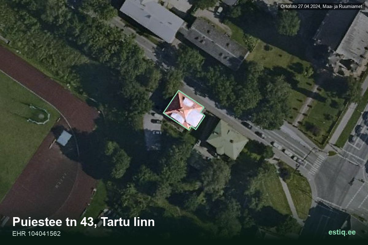 Puiestee tänav 43, Tartu – hoone aerofoto, kontuur ehitisregistri (EHR) andmetest