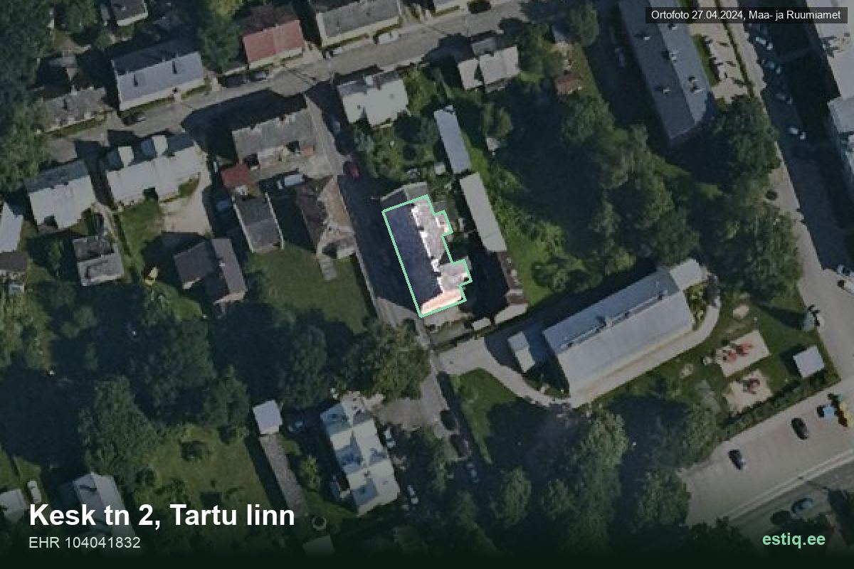 Kesk tänav 2, Tartu – hoone aerofoto, kontuur ehitisregistri (EHR) andmetest