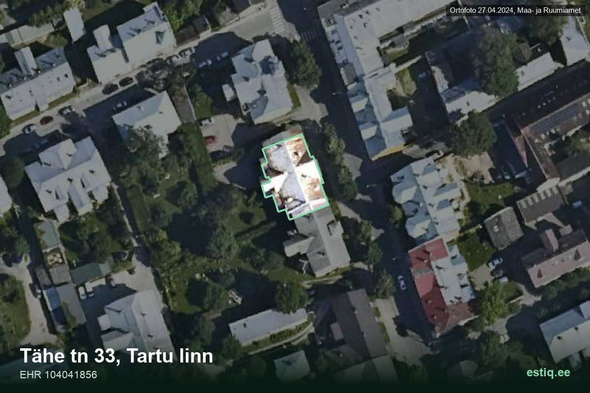 Tähe tänav 33, Tartu – hoone aerofoto, kontuur ehitisregistri (EHR) andmetest