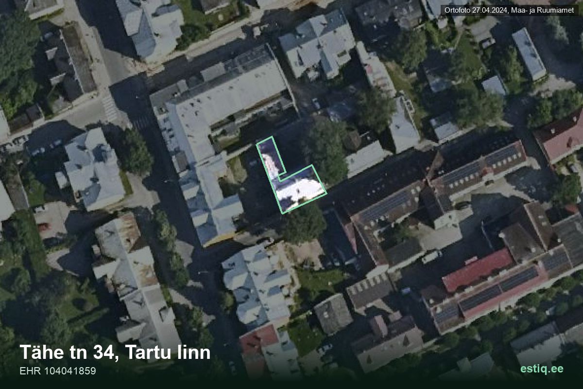 Tähe tänav 34, Tartu – hoone aerofoto, kontuur ehitisregistri (EHR) andmetest