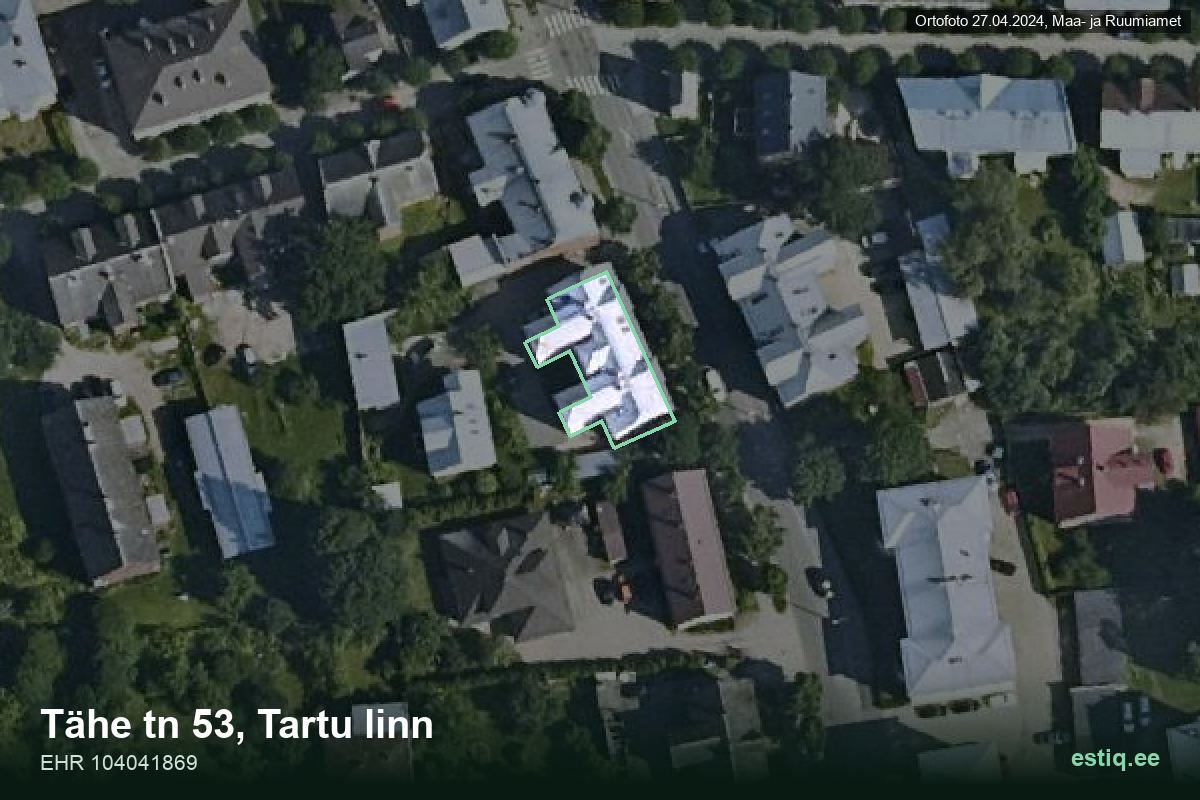 Tähe tänav 53, Tartu – hoone aerofoto, kontuur ehitisregistri (EHR) andmetest
