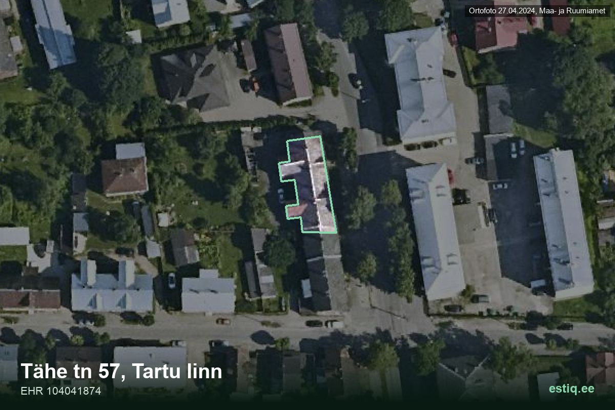 Tähe tänav 57, Tartu – hoone aerofoto, kontuur ehitisregistri (EHR) andmetest