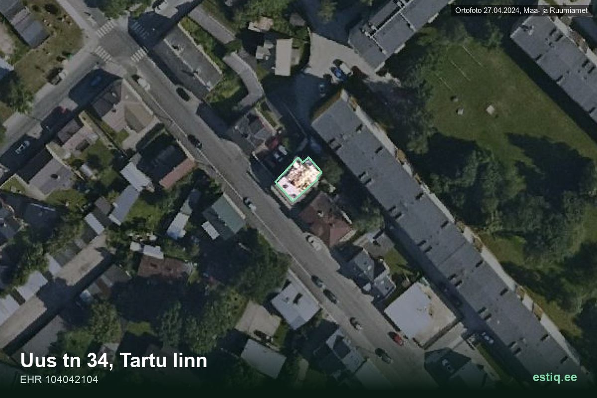 Uus tänav 34, Tartu – hoone aerofoto, kontuur ehitisregistri (EHR) andmetest