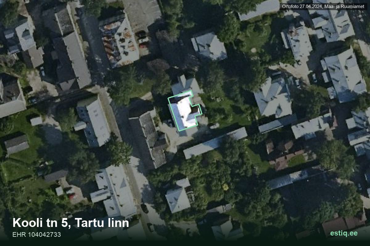 Kooli tänav 5, Tartu – hoone aerofoto, kontuur ehitisregistri (EHR) andmetest